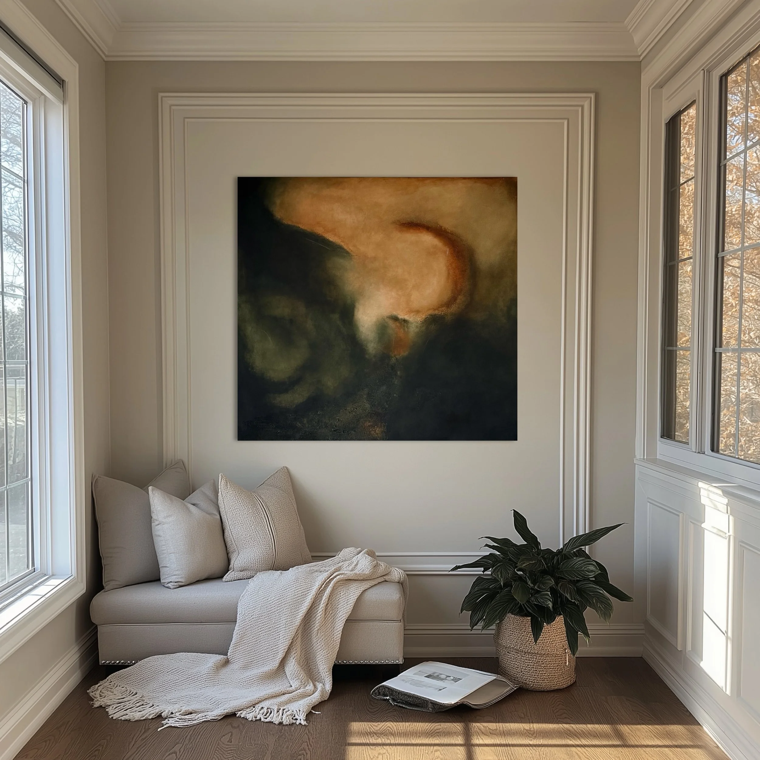 Warm earth tone abstract acrylic painting styled in a bright, modern home interior