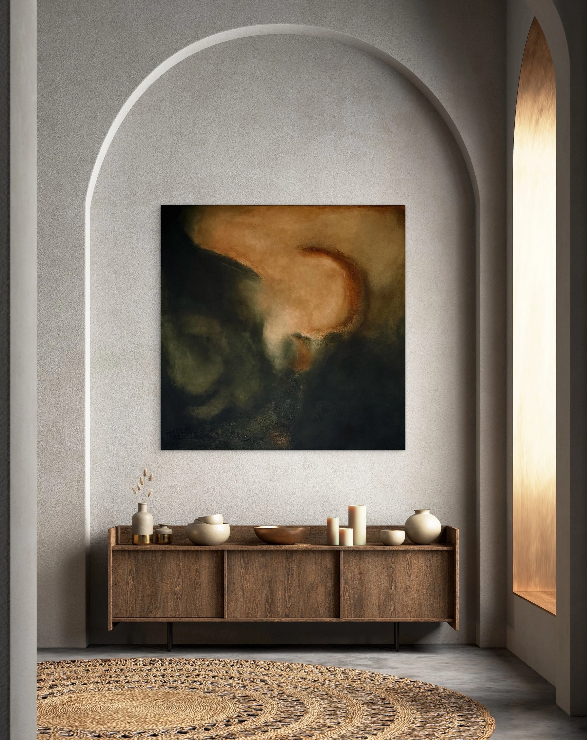 Large contemporary abstract artwork creating a warm focal point in a curated living space