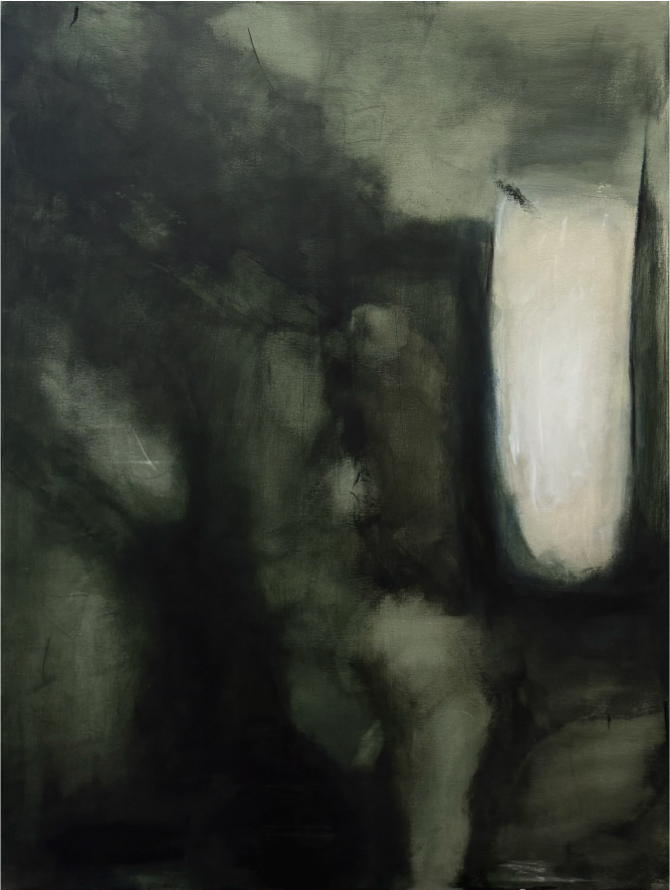 A dark, abstract painting depicting a partially visible figure, surrounded by muted, blended tones of black, gray, and green.
