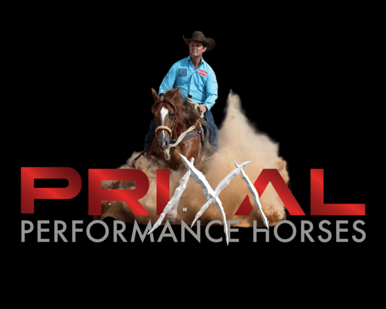 A man in a blue shirt riding a bucking performance horse with dust clouds behind them, with the text 'Primal Performance Horses' in red and gray letters.