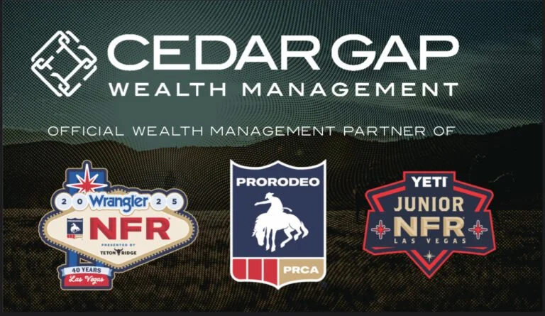 Cedar Gap Wealth Management logo with an abstract geometric icon, accompanied by logos of Wrangler NFR 2015, Prorodeo PRCA, and Yeti Junior NFR Las Vegas, set against a rural landscape background with mountains and a sunset.