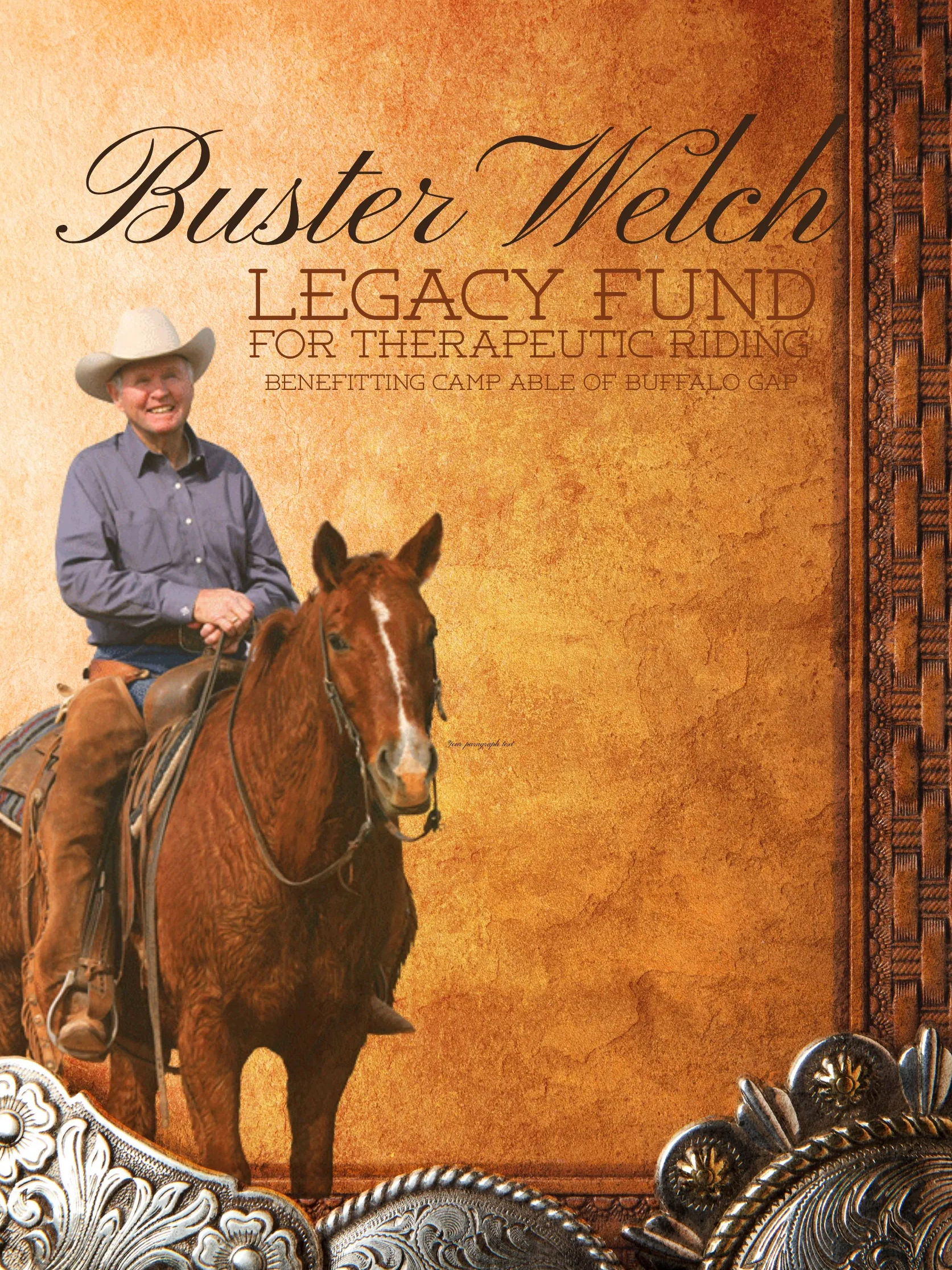 Poster for Buster Welch Legacy Fund benefiting therapeutic riding at Camp Able of Buffalo Gap, featuring a smiling woman in cowboy attire riding a brown horse against a textured orange background.