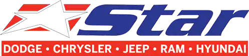 Logo of a car dealership featuring a star and the word 'Star', with a red banner listing brands: Dodge, Chrysler, Jeep, Ram, and Hyundai.