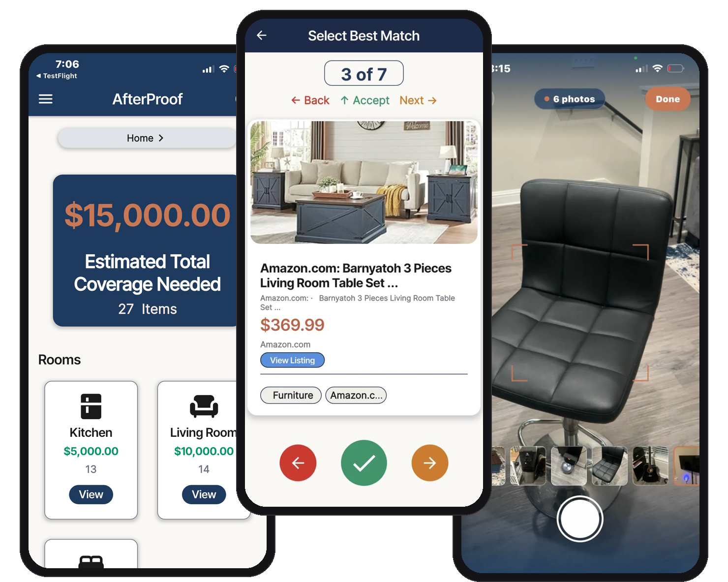 AfterProof an AI-powered home inventory app for renters and homeowners — shown on three iPhones. Users photograph their belongings, AI automatically identifies each item and estimates its replacement value, and the inventory is organized room-by-room
