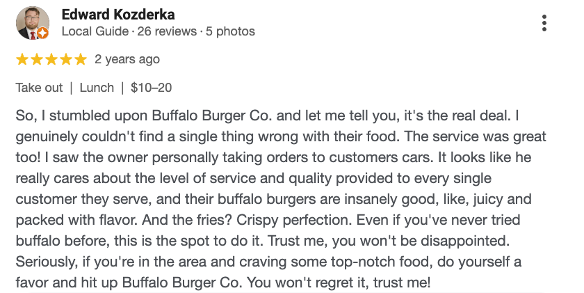 Screenshot of a Google review for Buffalo Burger Co. by Edward Kozderka, who gave five stars, describing the food and service positively.