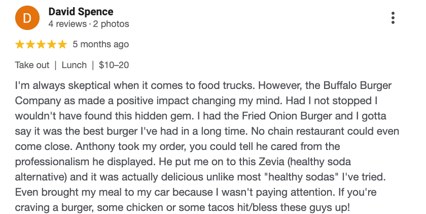 Screenshot of a positive review for Buffalo Burger Company by David Spence, who praised the fried onion burger, friendly service, and healthy soda alternative.