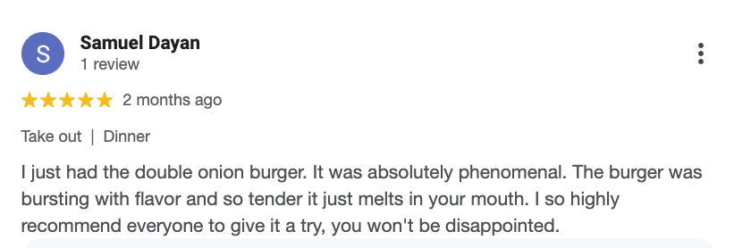 Screenshot of a Yelp review for a burger restaurant, praising the double onion burger.