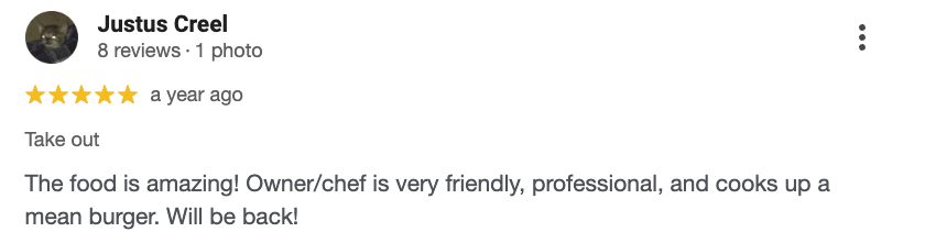 Screenshot of a Yelp review by Justus Creel, five stars, praising a takeout restaurant for its food and friendly chef who cooks a mean burger.