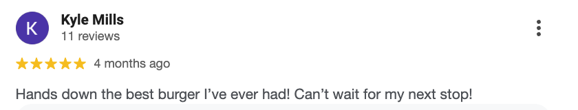 Screenshot of a customer review praising a burger, with a five-star rating.