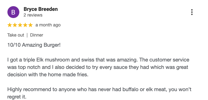 Screenshot of a Yelp review for a burger restaurant, praising a burger with elk mushroom and Swiss cheese.