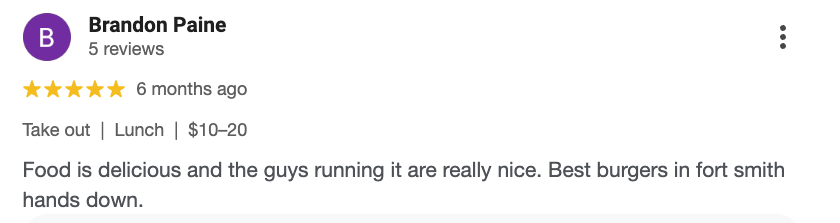 Screenshot of a Google review for a restaurant, written by Brandon Paine, praising the food and service, mentioning takeout, lunch, and a price range of $10-20.