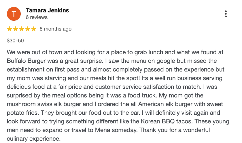 Customer review of Buffalo Burger, mentioning a food truck, mushroom Swiss elk burger, American elk burger with sweet potato fries, and positive experience.