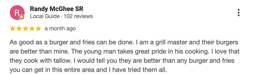 Screenshot of a five-star online review by Randy McGhee SR for a restaurant, praising their burger and fries and mentioning the young man's pride in his cooking.