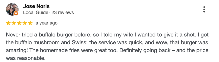 Screenshot of a Yelp review by Jose Noris with five-star rating, describing a positive dining experience with a buffalo burger, buffalo mushroom, Swiss cheese, homemade fries, and reasonable prices.