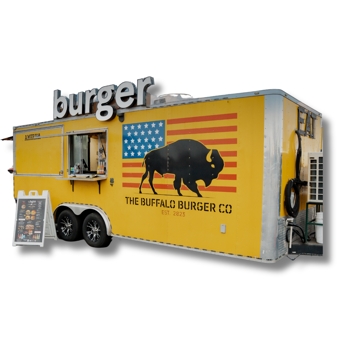 Yellow food truck with a buffalo graphic and American flag, advertising 'The Buffalo Burger Co.' established 2023.