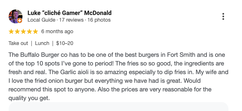 Screenshot of a Yelp review by Luke 'cliché Gamer' McDonald about The Buffalo Burger in Fort Smith, praising the burger, fries, garlic aioli, fried onion burger, and reasonable prices.