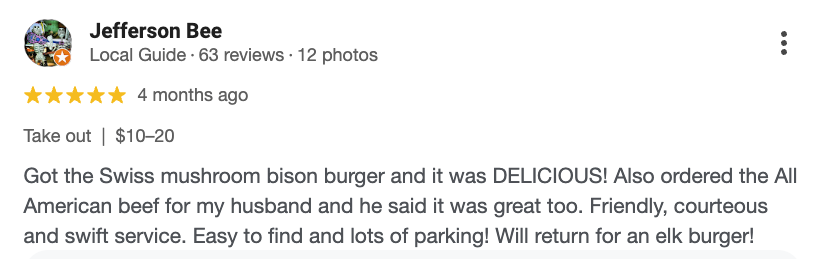 Screenshot of a Yelp review for Jefferson Bee, a restaurant with a 4-star rating, mentioning a Swiss mushroom bison burger, American beef, friendly service, easy parking, and plans to return for an elk burger.