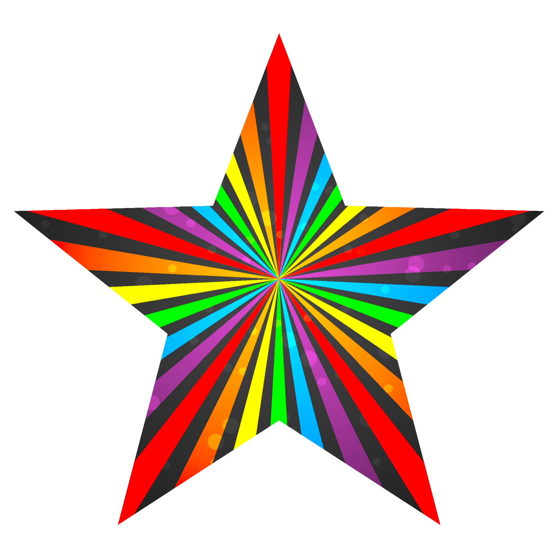 A colorful, radiating starburst pattern with multicolored rays emanating from the center against a black background, including red, orange, yellow, green, blue, purple, and cyan.