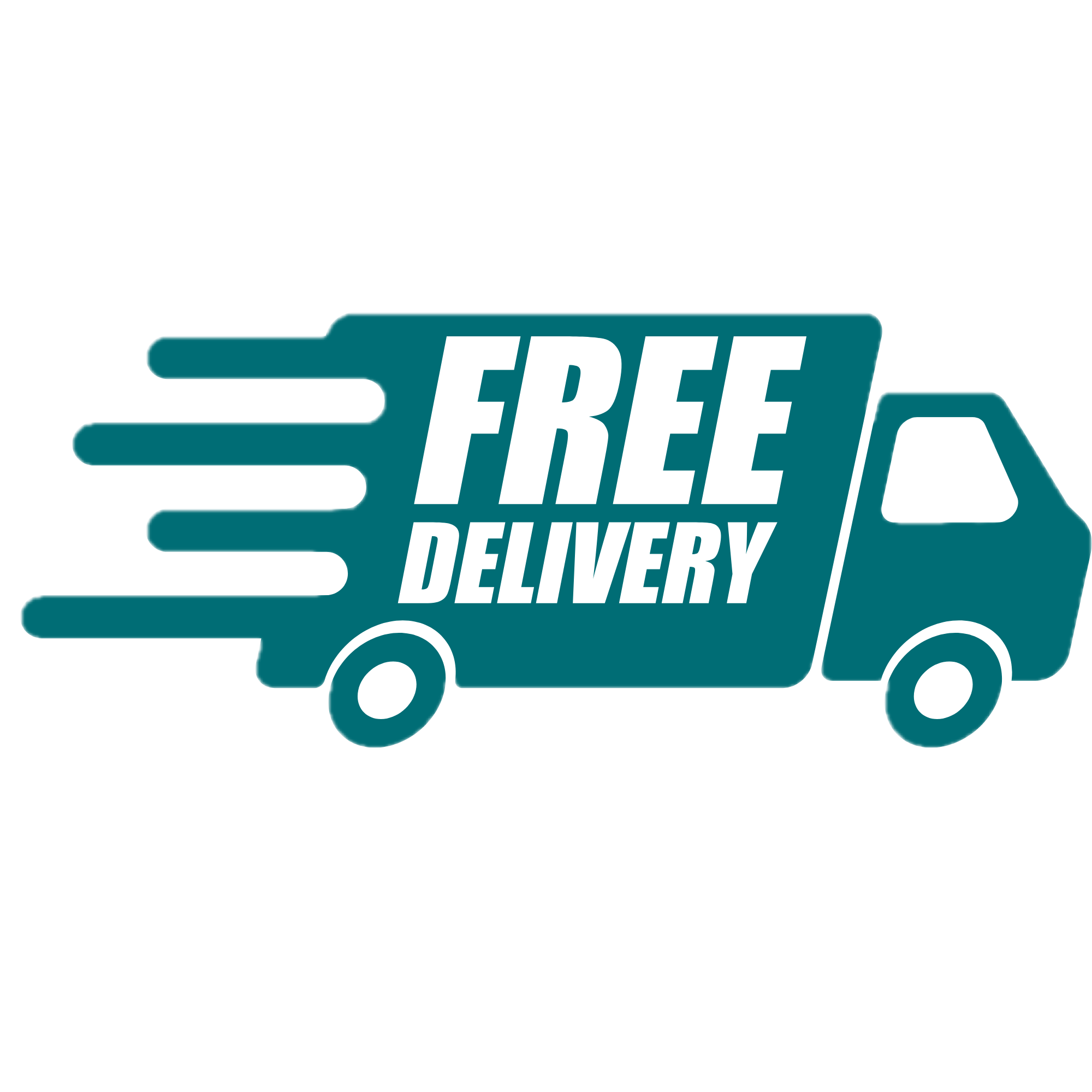 A logo with the words 'FREE DELIVERY' in bold white letters inside a teal delivery truck outline against a black background.