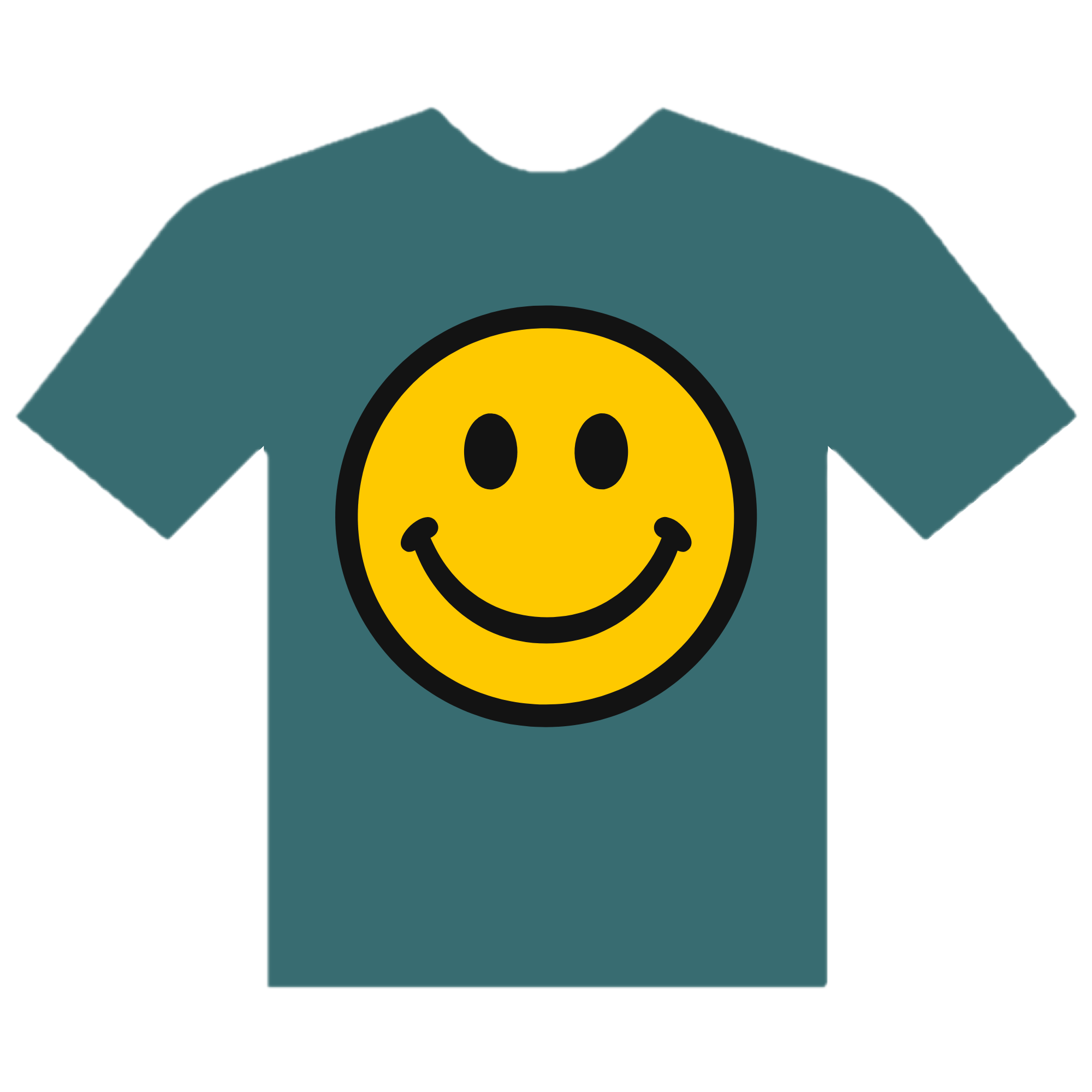 A stylized illustration of a denim jacket with a large yellow smiley face on the front.