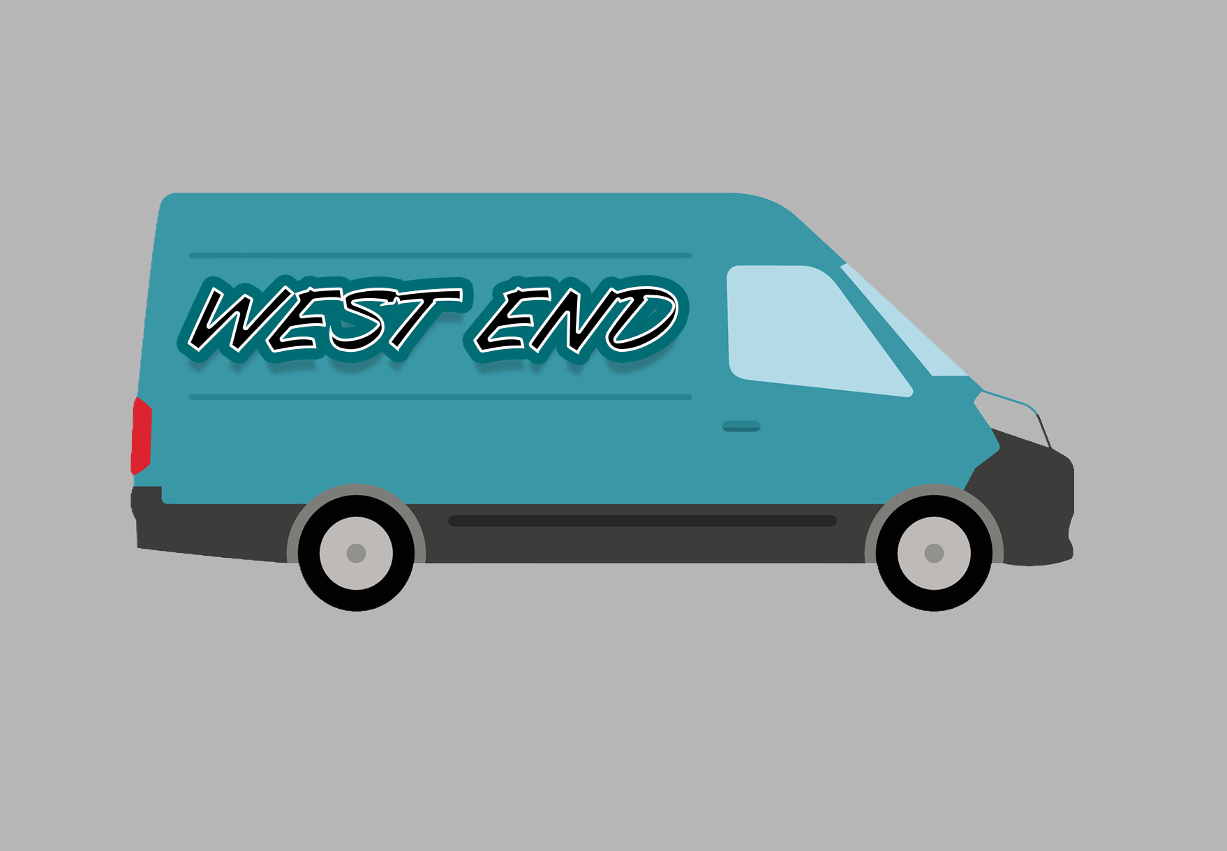 A simple illustration of a blue delivery van with the words 'WEST END' written on its side in stylized black and white text. The van has black bumpers and gray wheels on a gray background.