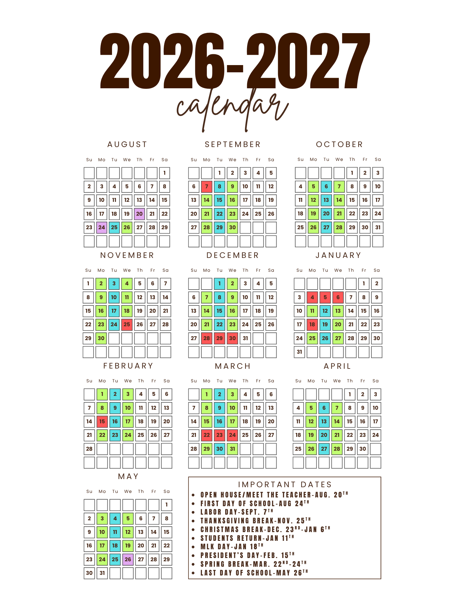 Oak Haven Academy 2026-2027 School Calendar with months August 2026 to May 2027, featuring color-coded days for holidays, breaks, and important dates, including the first day of school, Thanksgiving, and winter break.