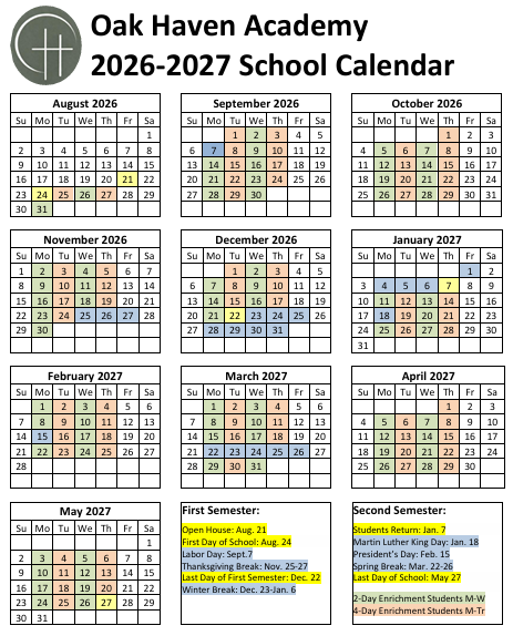 Oak Haven Academy 2026-2027 School Calendar with months August 2026 to May 2027, featuring color-coded days for holidays, breaks, and important dates, including the first day of school, Thanksgiving, and winter break.