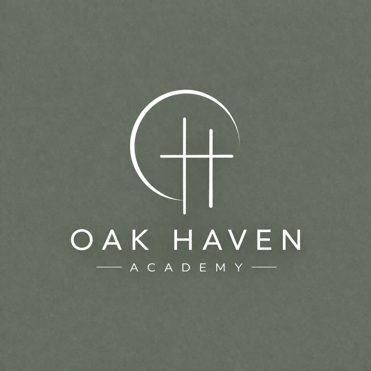Logo for Oak Haven Academy featuring a stylized tree with a moon and cross elements, on a dark green background.