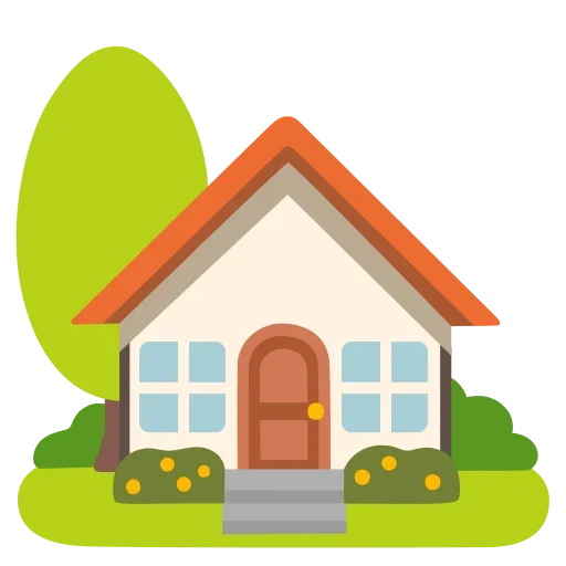 Cartoon house with a red roof, front door, and four windows, surrounded by green bushes and a large green tree background.