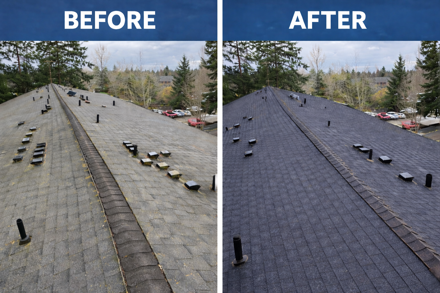 A side-by-side comparison of a house roof before and after cleaning. The left side shows a roof with moss, dirt, and grime. The right side shows a clean, dark-colored roof.