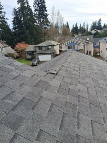 View of a residential neighborhood with rooftops, trees, and houses in the background.