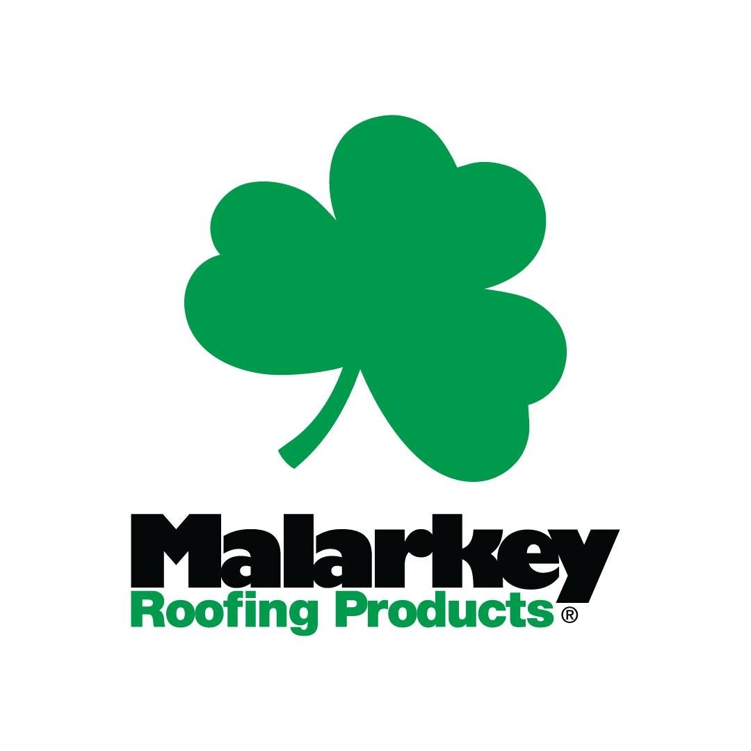 Logo for Malarkey Roofing Products featuring a green four-leaf clover above black and green text.