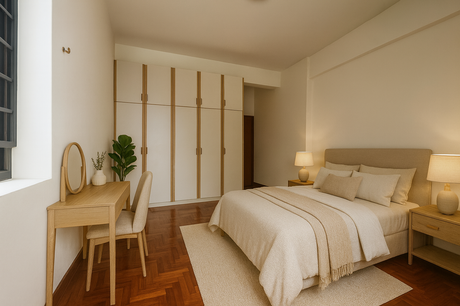 A bedroom with a large bed, wooden nightstands with lamps, a wooden desk with a mirror, a beige chair, and a large closet with white doors and wooden accents.