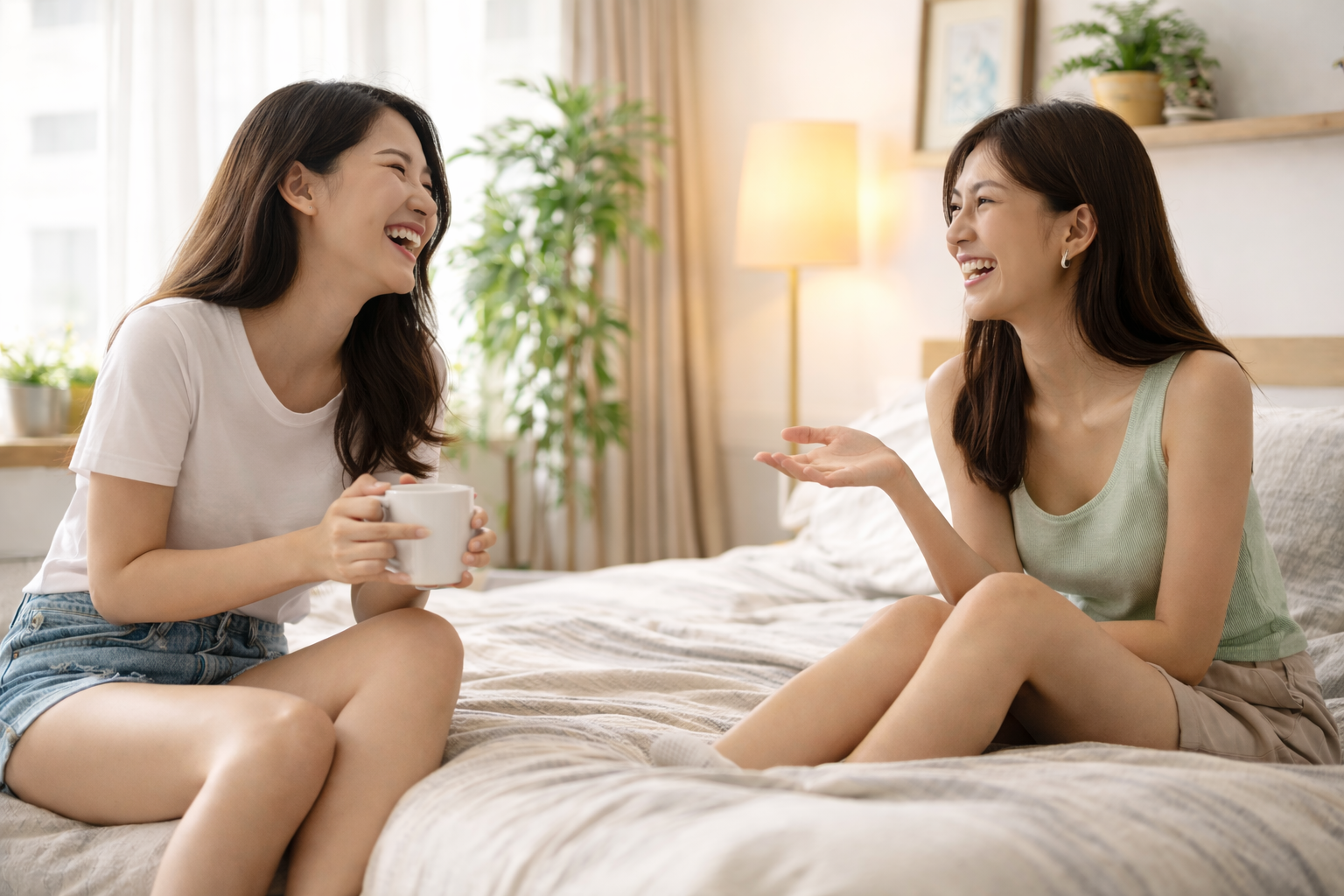 Two residents enjoying a relaxed moment in a bright, cosy bedroom at Rapid Rooms co-living Singapore, sharing coffee and conversation in a comfortable, well-designed space.