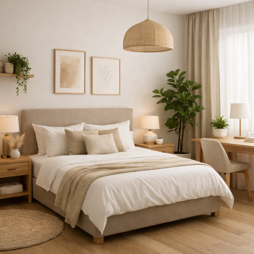 A thoughtfully styled bedroom at Rapid Rooms co-living Singapore, designed for comfort and calm with warm neutral tones, soft furnishings, and a dedicated workspace for modern living.