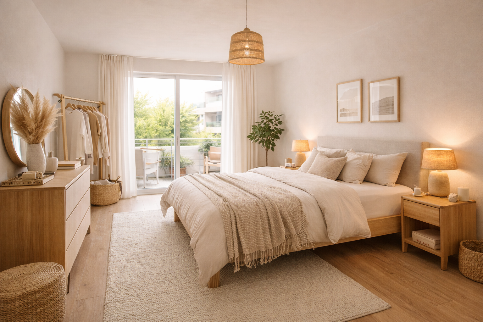 A bright, thoughtfully styled bedroom featuring warm wood accents, a spacious bed, and seamless access to a private balcony—bringing in natural light and a sense of calm indoor-outdoor living.