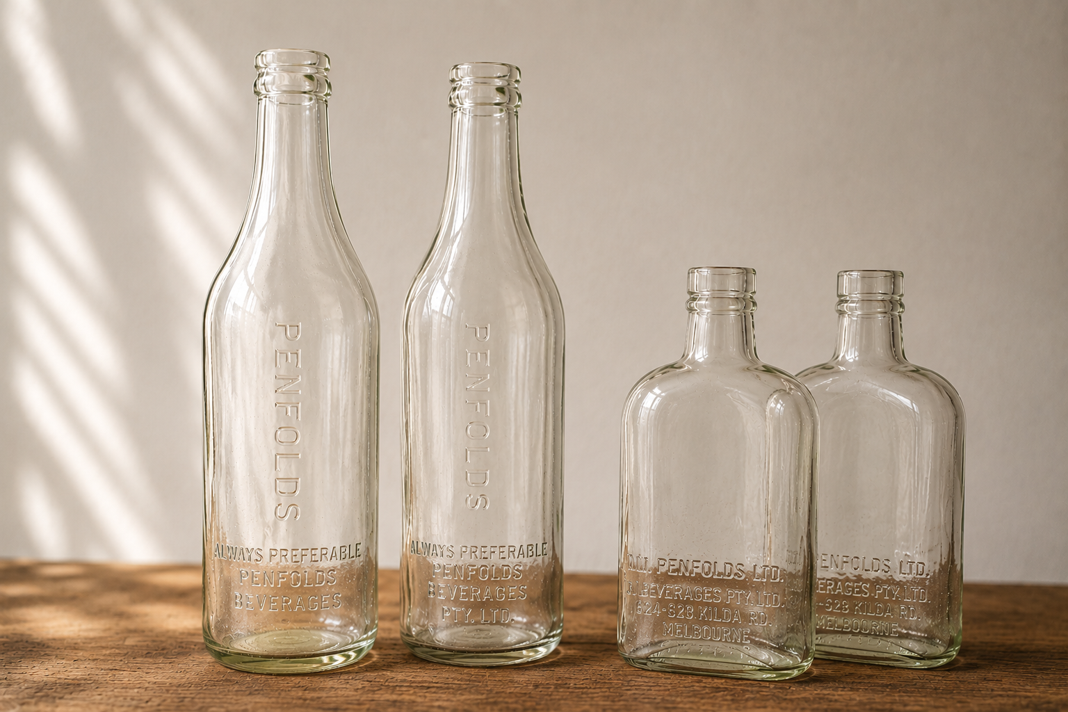 These reclaimed vintage Penfolds glass bottles were discovered beneath the original detached kitchen shed during demolition works at No.39. They are now available for guests to see in No. 39A.