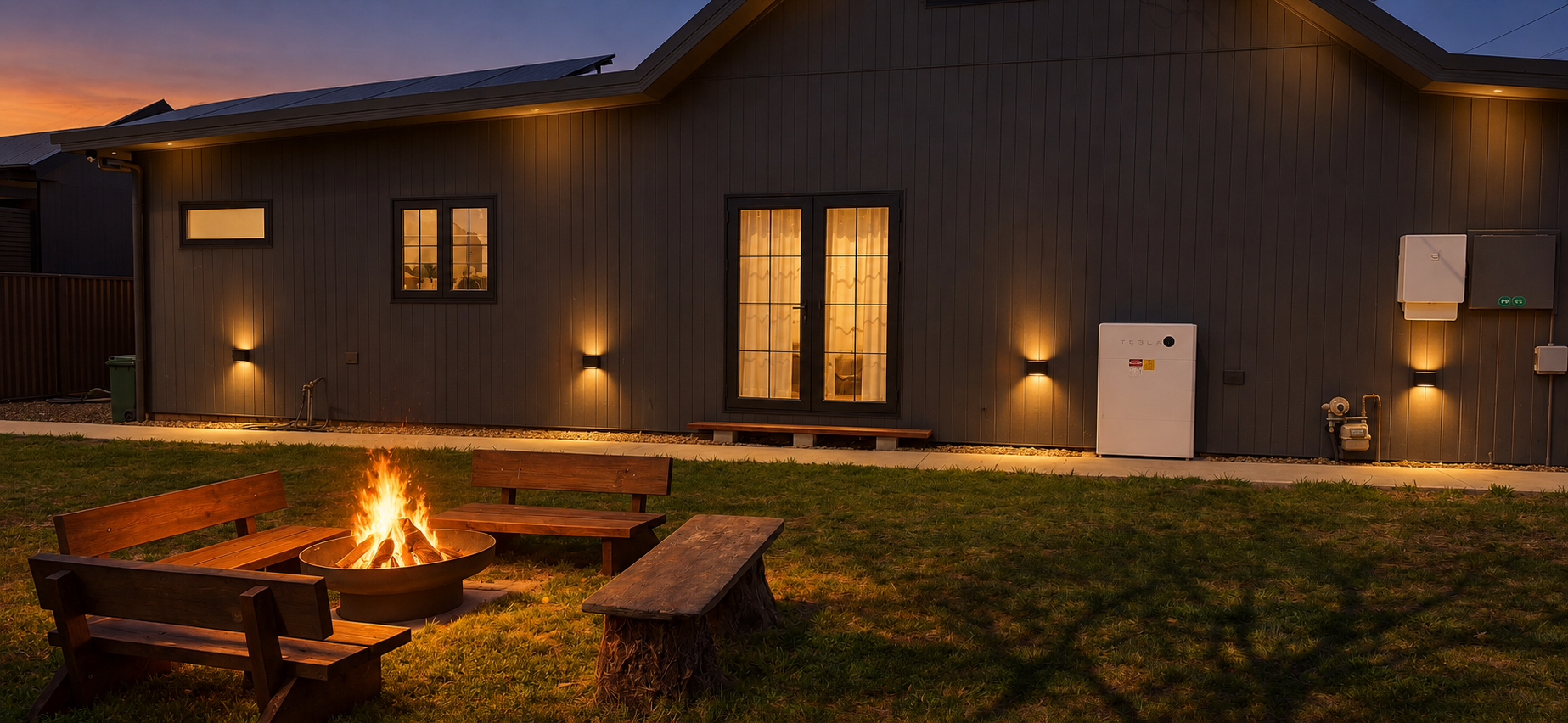 Garden - Fire pit - Evening. Fully sola powered house