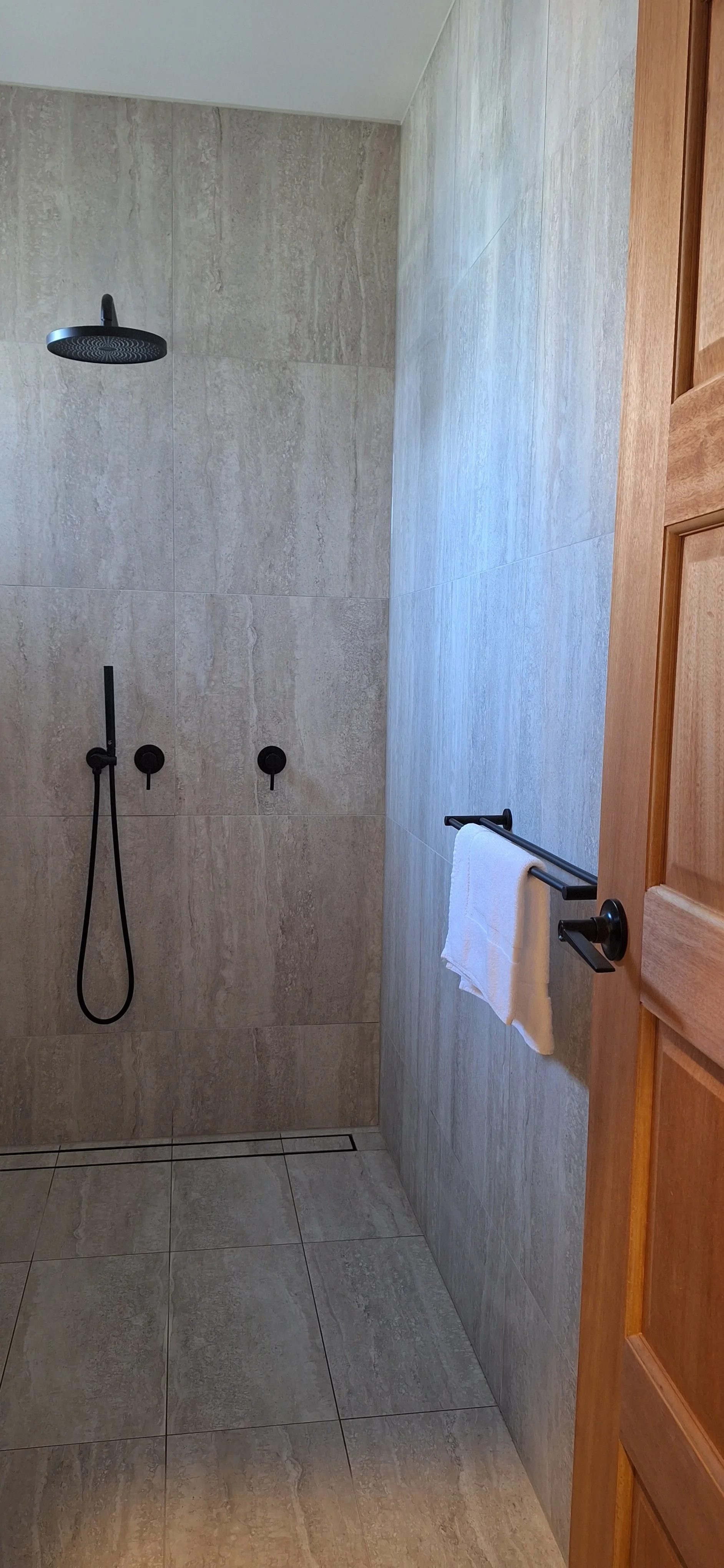 Ensuite - open shower and towel rack