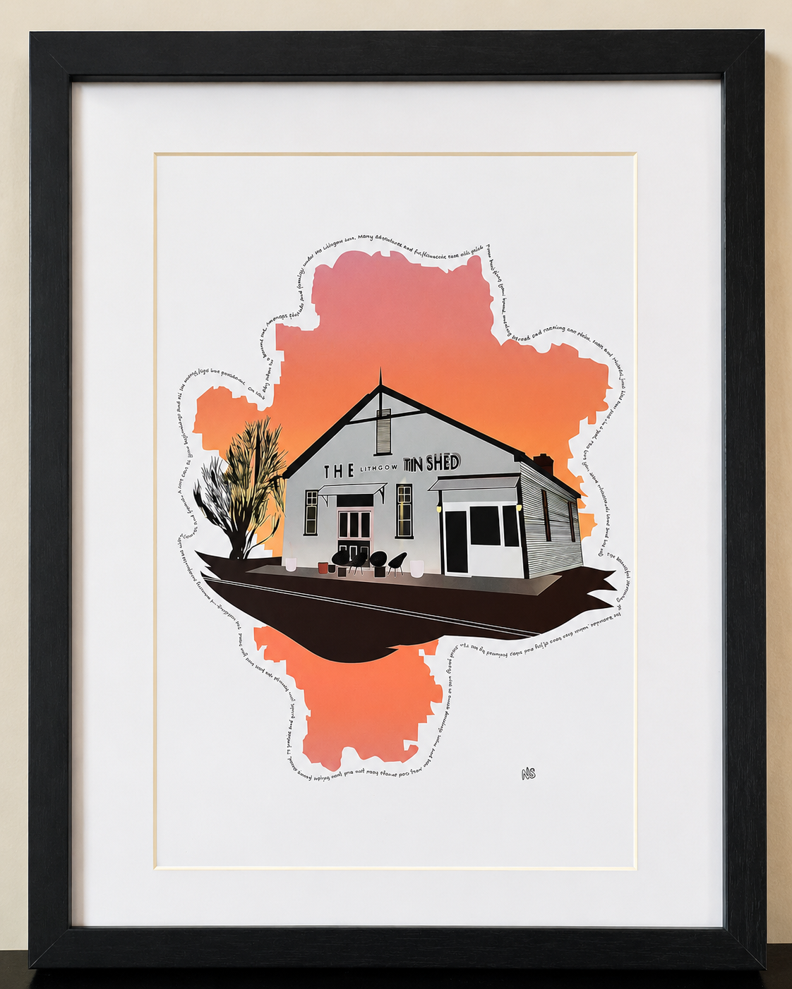 Created by Sydney artist Nisreen Sweis (@sweis_ink), known for capturing meaningful places through artwork and poetry, this piece features the map of Lithgow as the backdrop to The Tin Shed — a local café restaurant where we celebrated our wedding re
