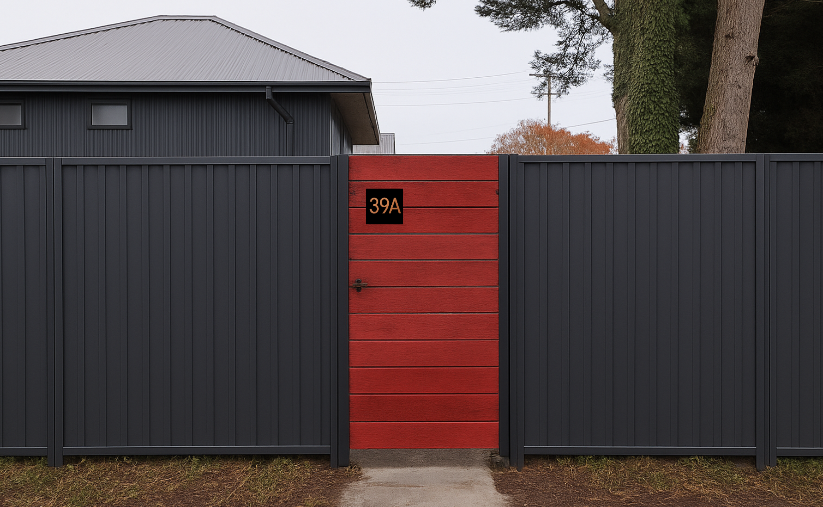 A black metal fence with a red gate in the middle, displaying the address '39A' in orange numbers on a black background. There are trees and a building with a metal roof in the background.