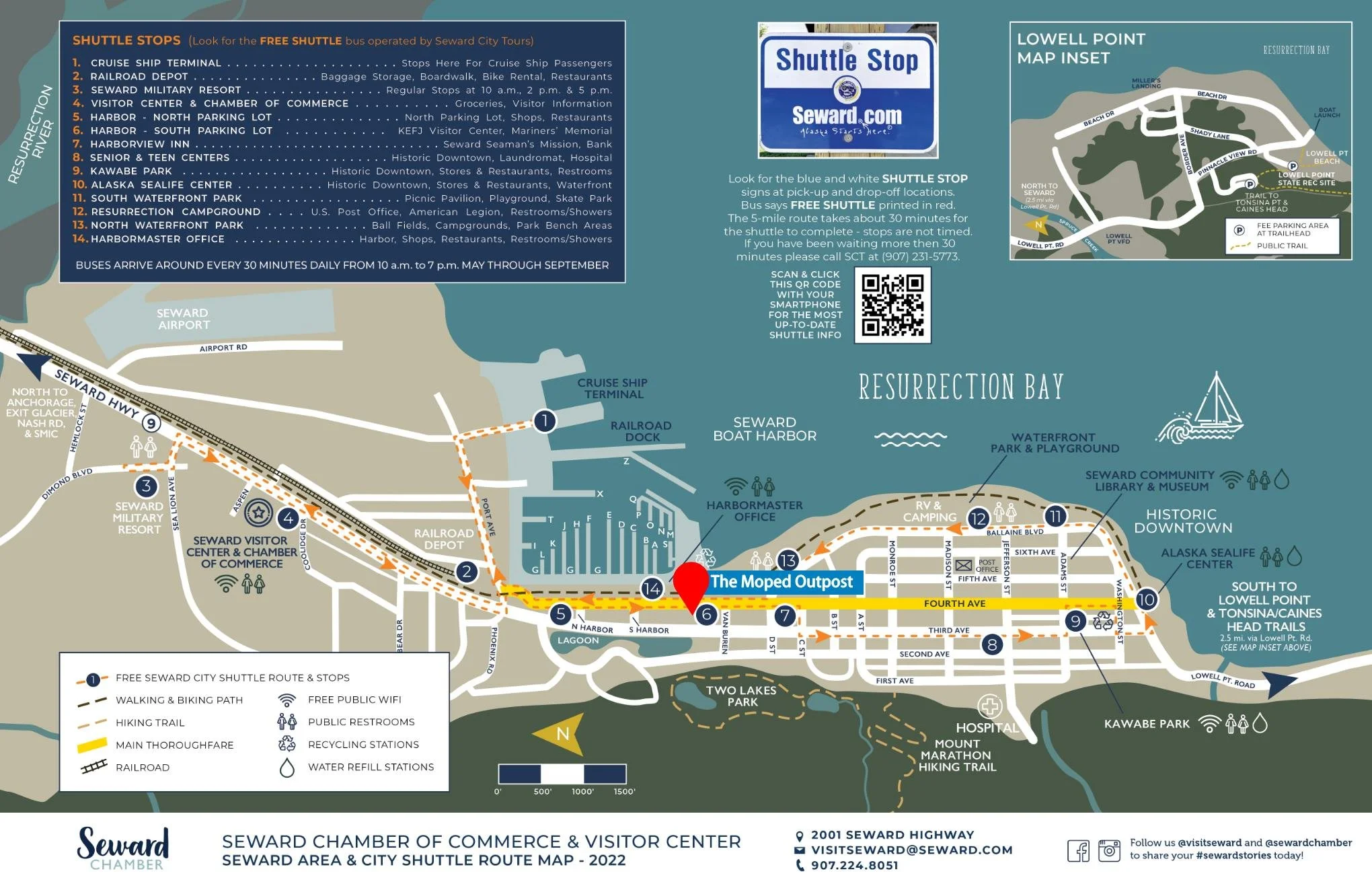 Map of SEWARD area showing shuttle stops, parking areas, and points of interest, including cruise ship terminal, railroad dock, visitor centers, parks, hiking trails, and the waterfront.