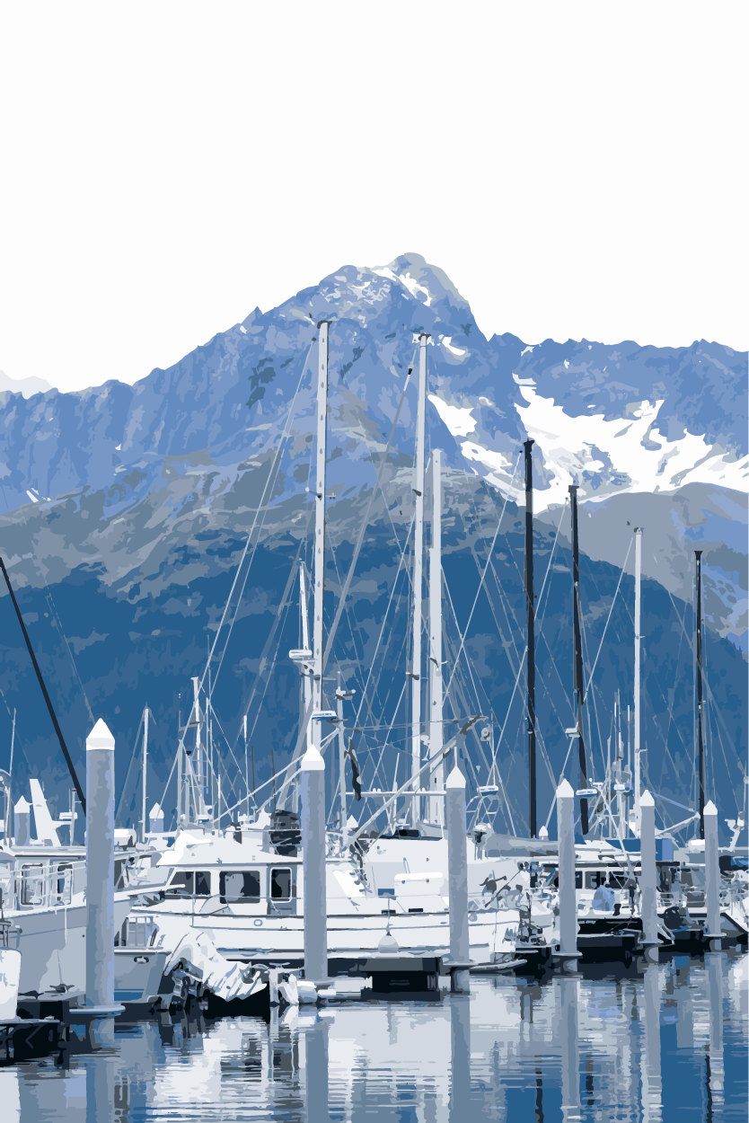 Marina with sailboats docked, mountain with snow behind, digital art style