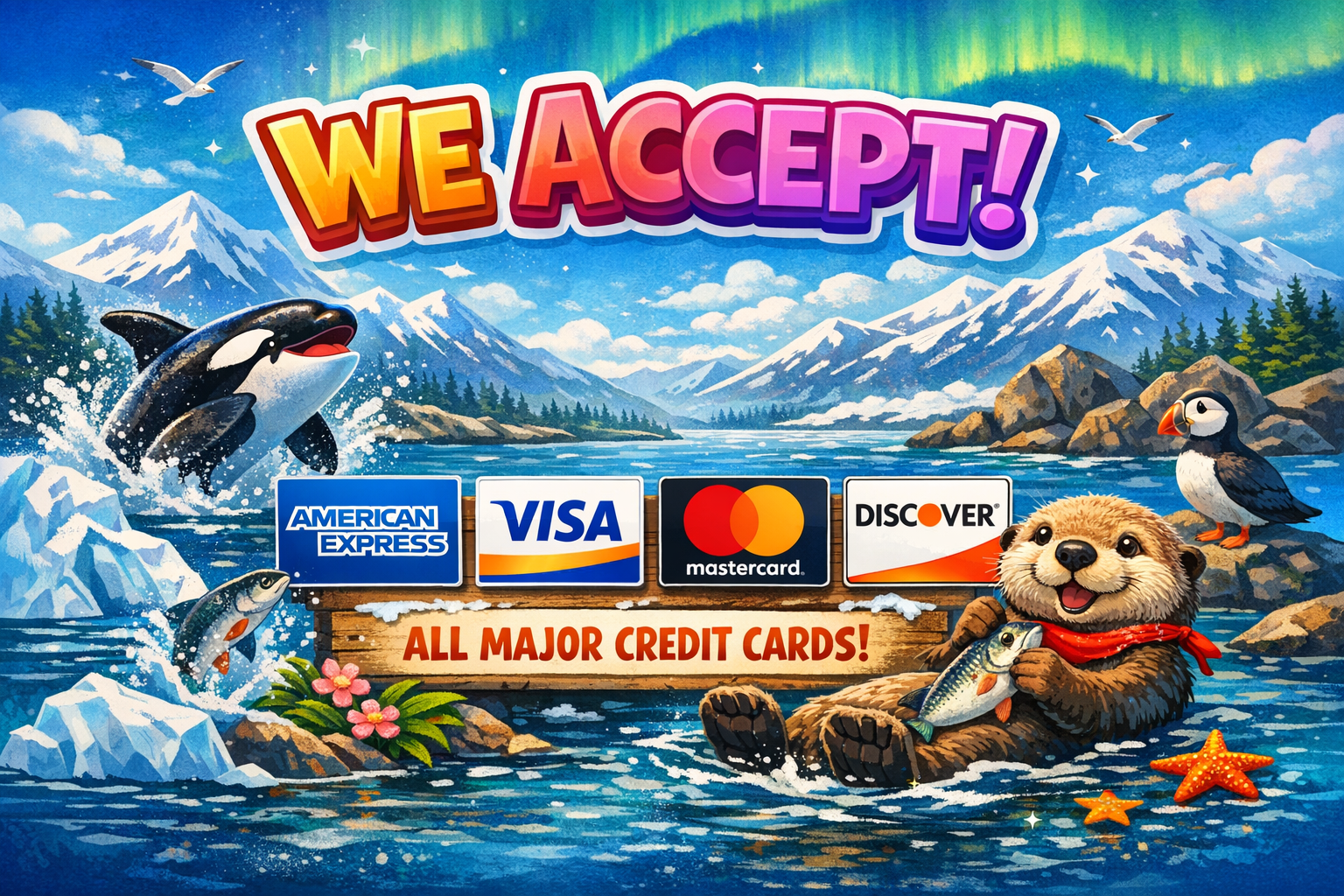 Colorful advertisement featuring animals and credit card logos with a mountain and lake scene, including a playful otter, killer whale, puffin, fish, and starfish, with the text 'We Accept!' and logos for American Express, Visa, Mastercard, and Discover, promoting acceptance of all major credit cards.