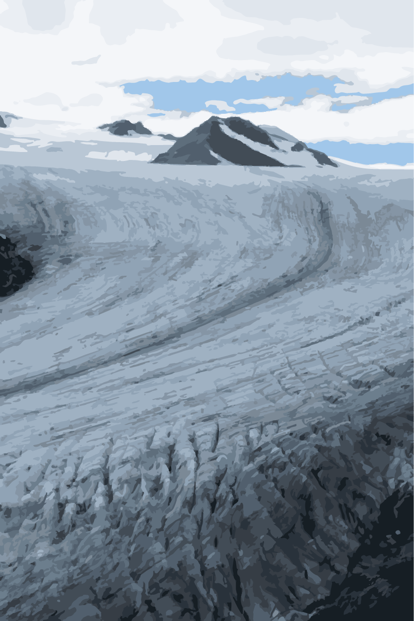 Painting of glaciers with mountains in the background under a cloudy sky.