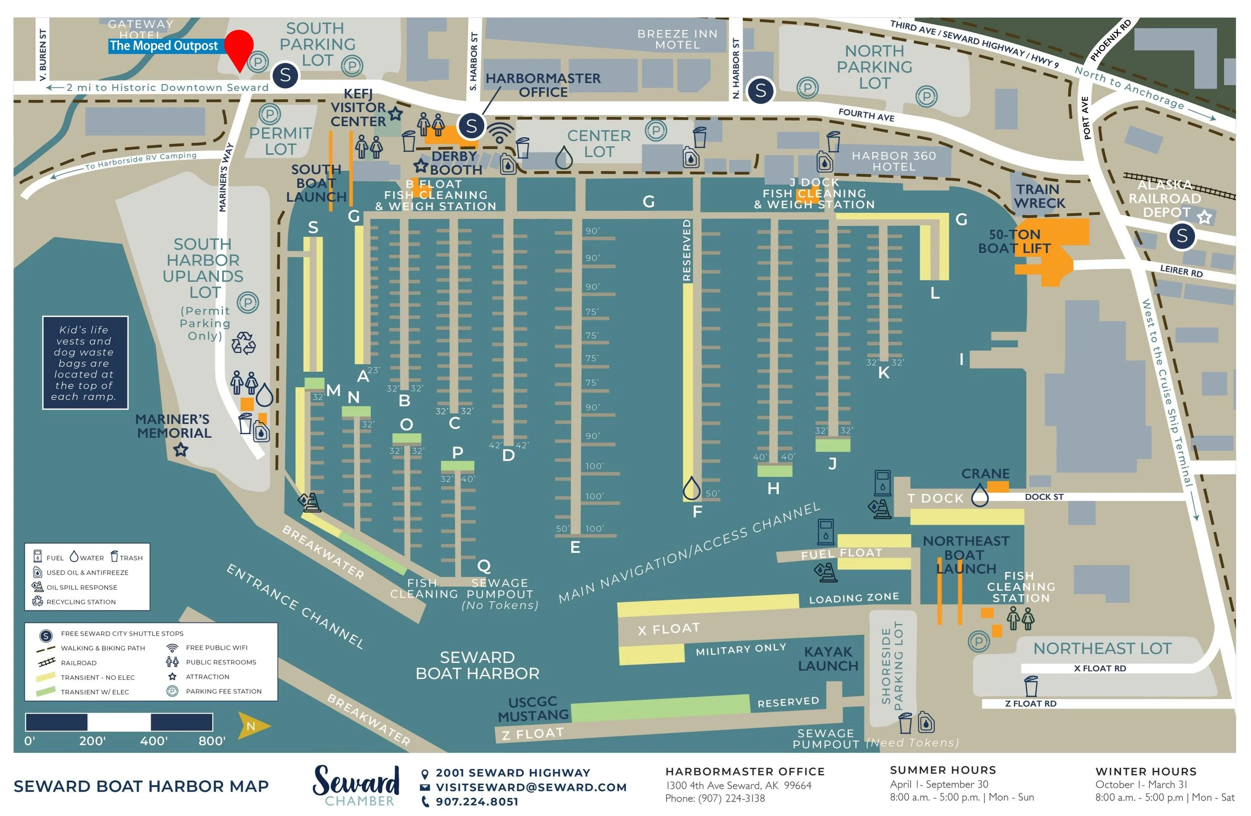 Map of Seward Boat Harbor showing docks, parking areas, service stations, and landmarks, with labels for various zones and amenities.
