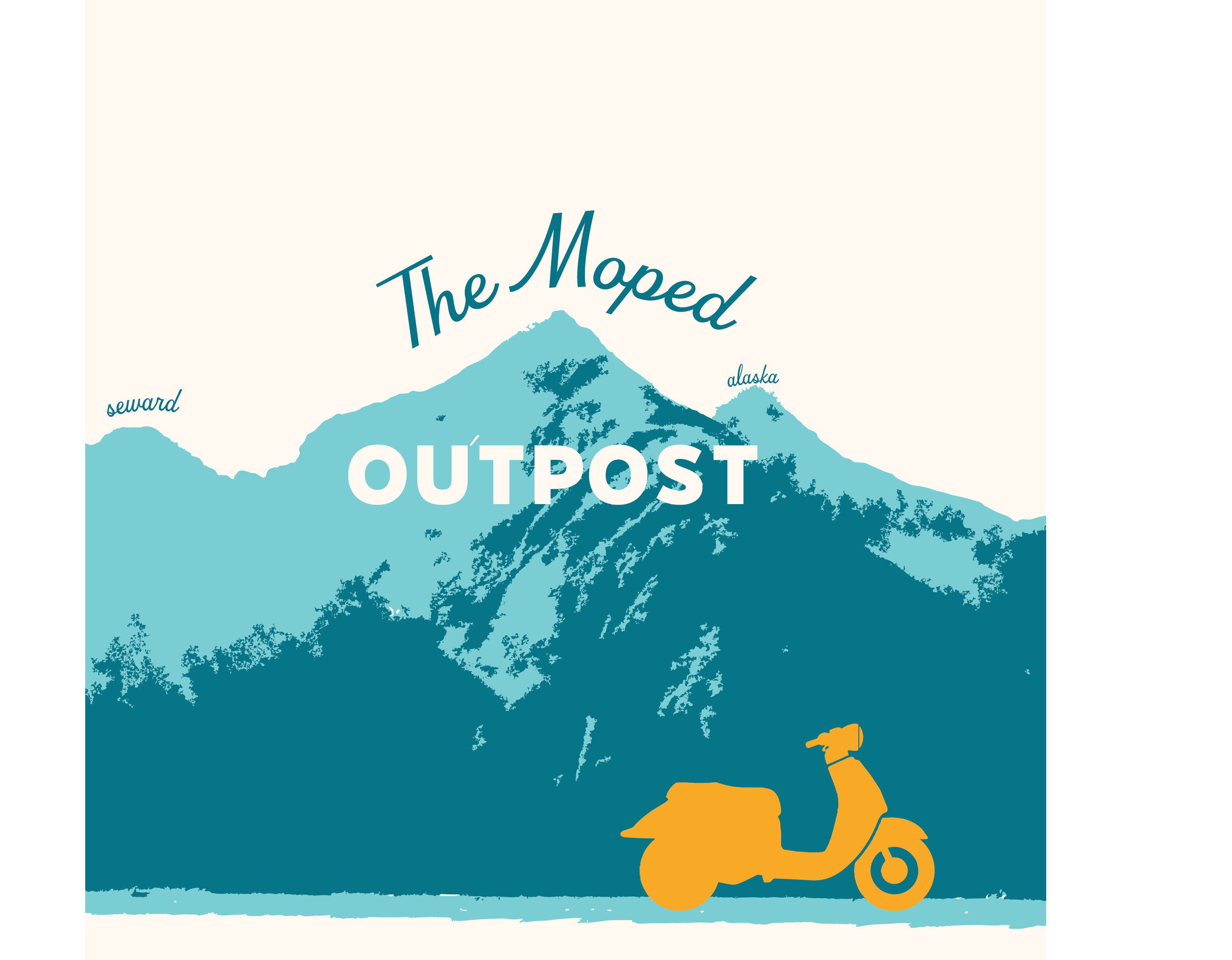 Map illustration featuring Mount Denali in Alaska, the Seward Peninsula, and a yellow motorcycle at the bottom right corner.
