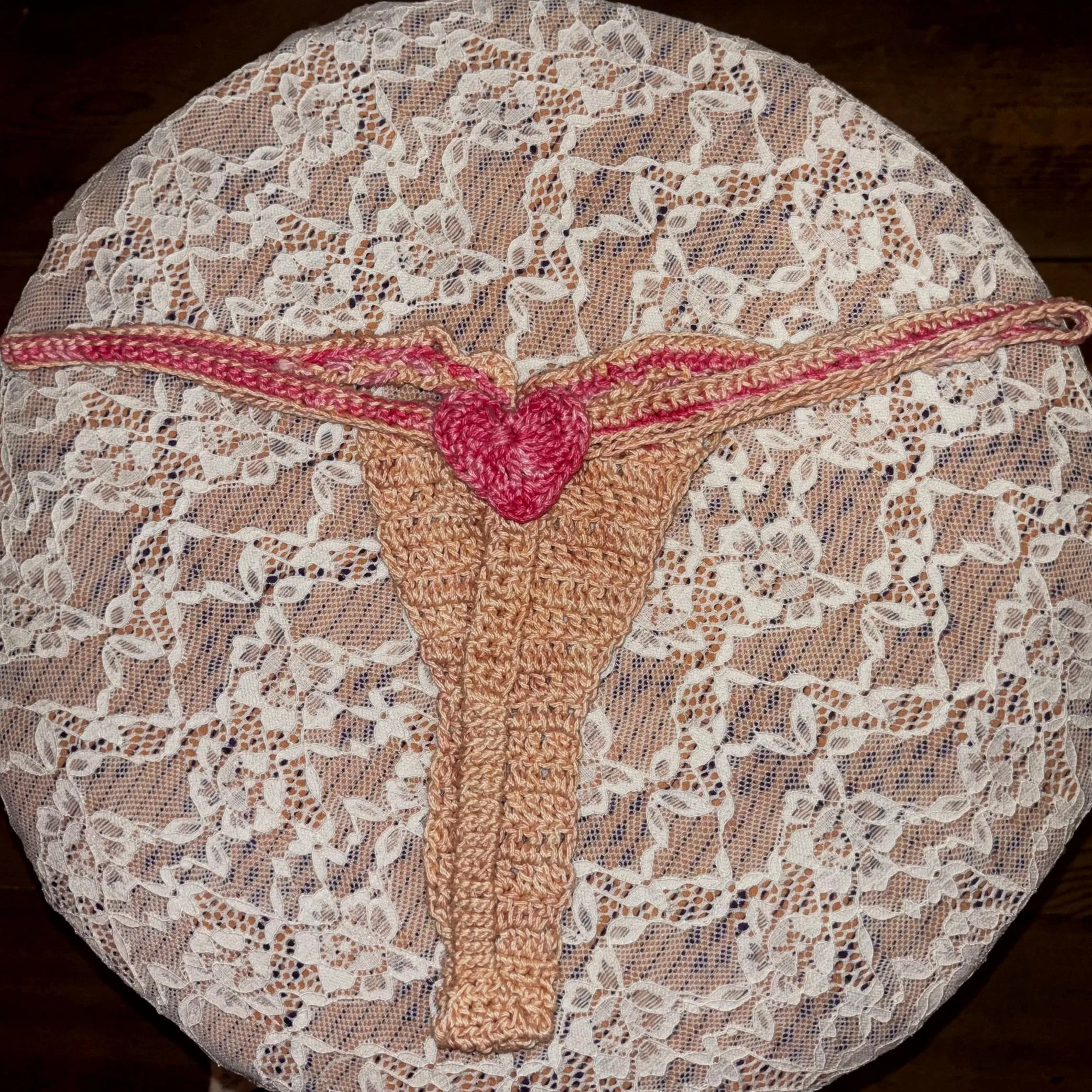 Cotton crochet bikini bottoms, with heart on the back.