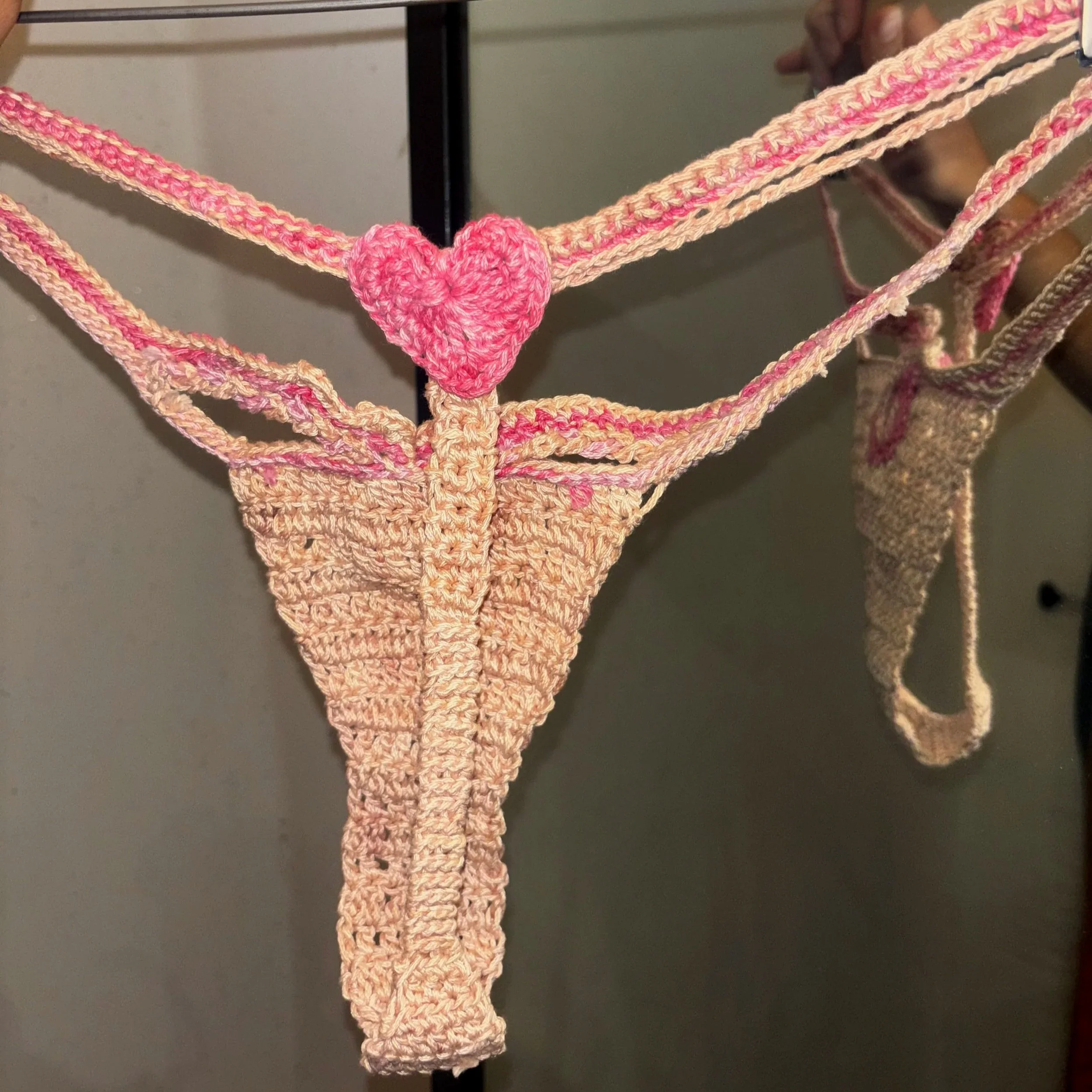 Cotton crochet bikini bottoms, with heart on the back.