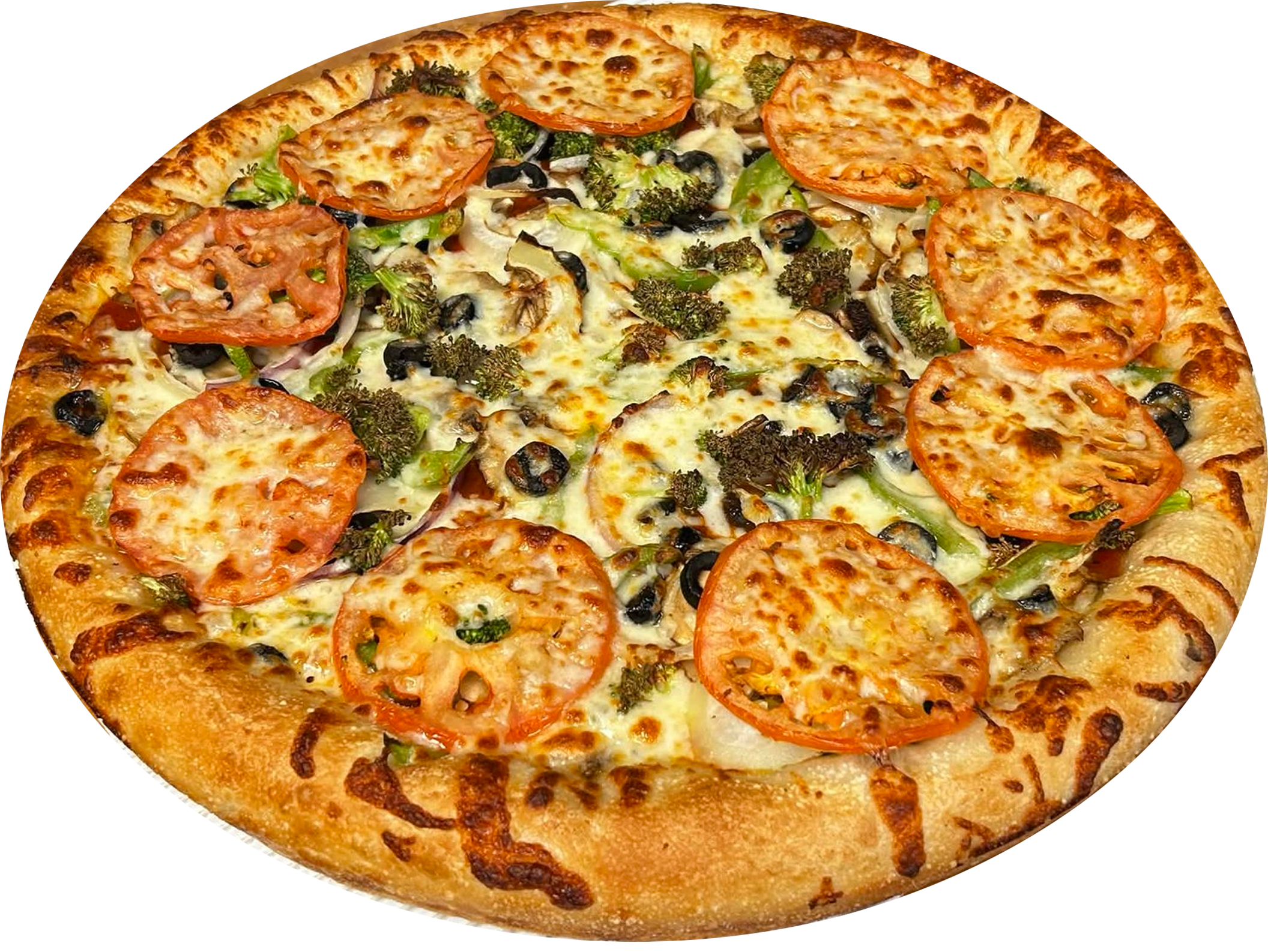 Close-up of a pizza topped with sliced tomatoes, broccoli, black olives, and melted cheese on a golden crust.